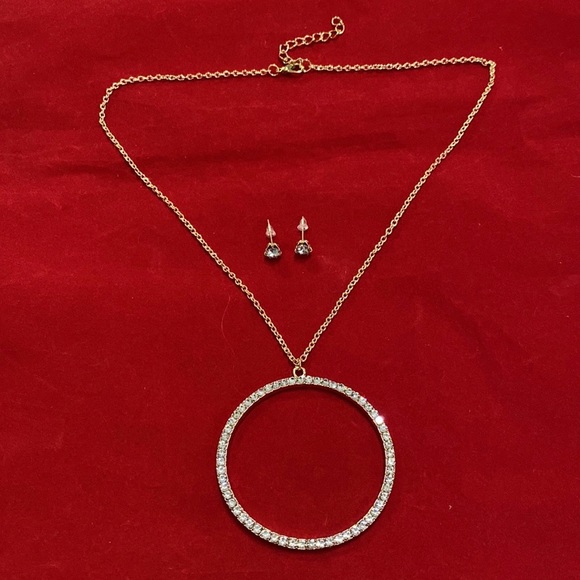 Circle Of Life Necklace Earrings Set Gold Tone Clear Sparkling Rhinestone - Picture 6 of 7